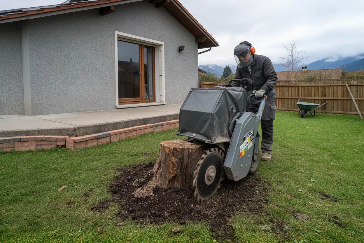 Rogneuse supprimant une souche dans Grenoble