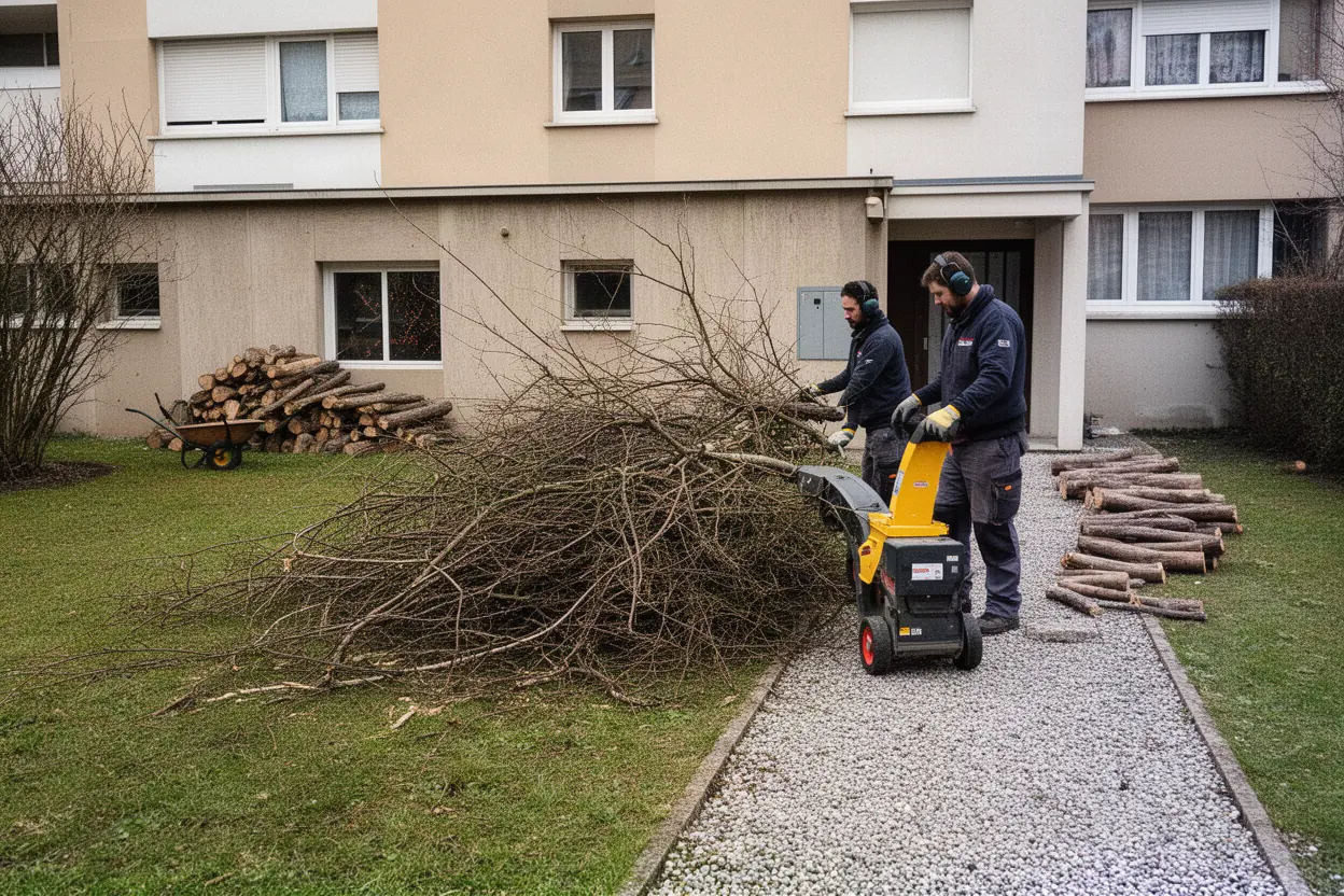 Broyage de déchets verts après élagage à Échirolles