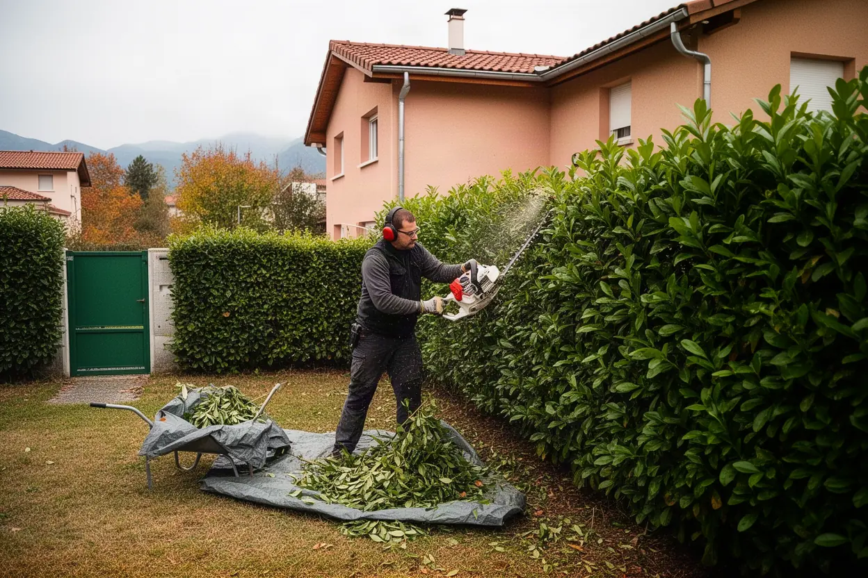 Taille d'une haie pavillonnaire à Échirolles